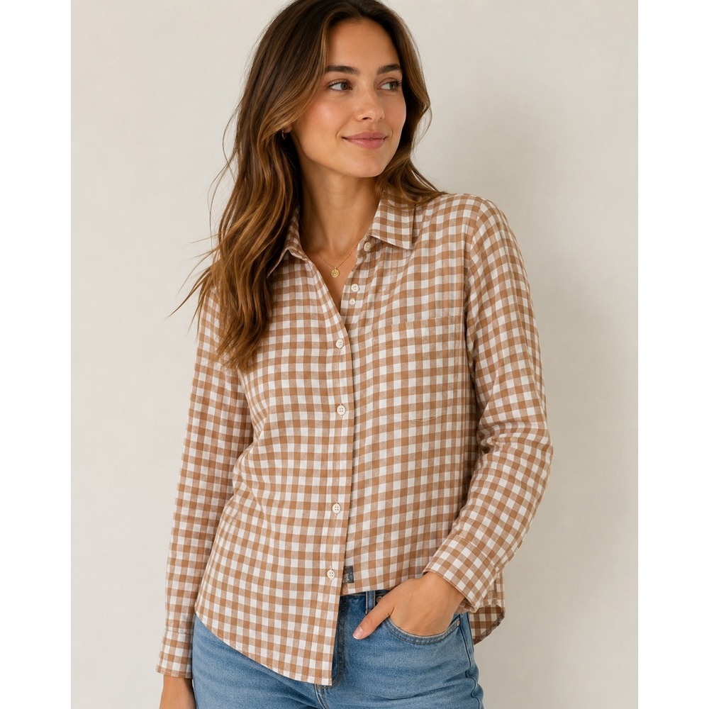 J.Crew Re-Imagined Tan White Gingham Button Down Shirt Petite Large BB307 NWT